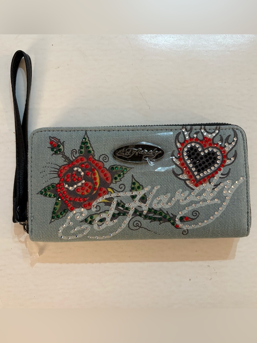 NWOT Ed Hardy Long Denim Embellished Rose & Heart Wristlet Wallet